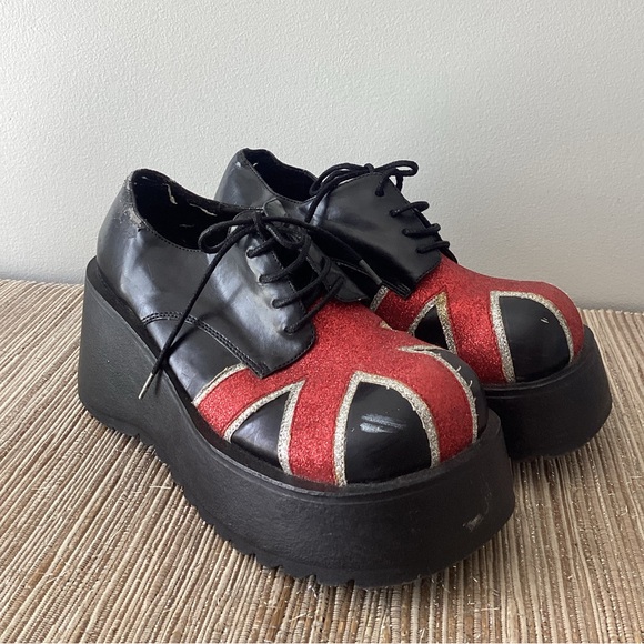 Y2K RARE Black Union Jack Red Glitter Chunky Platform Disco Shoes Size 7 - Picture 1 of 7
